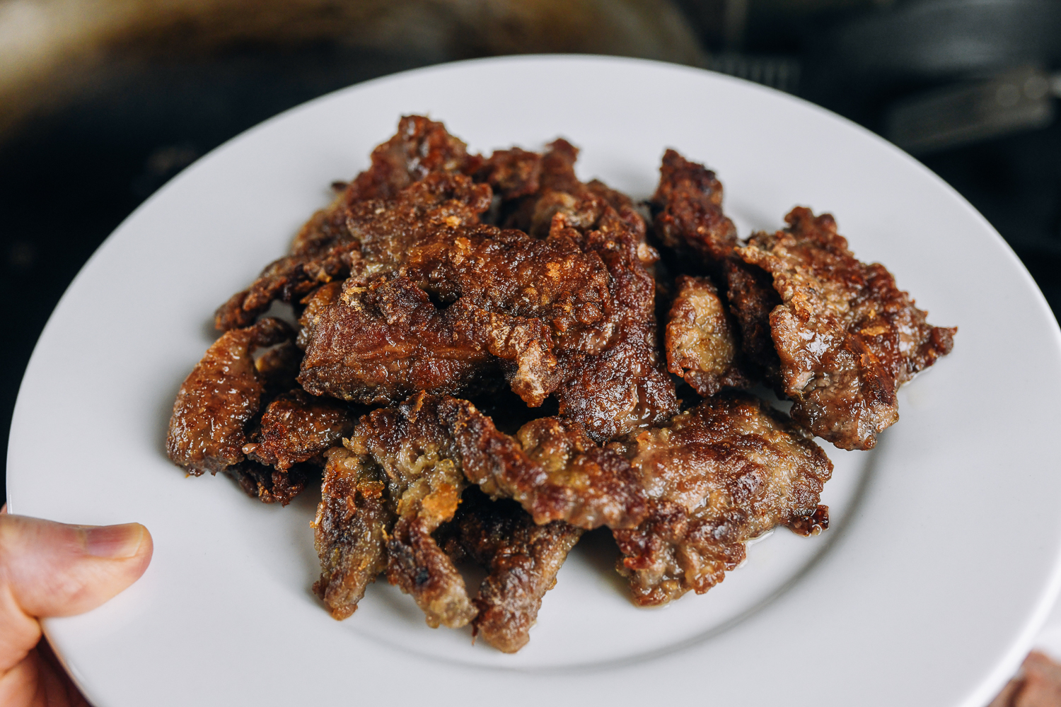 crispy beef slices on white plate