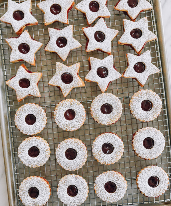linzer cookies on baking sheet