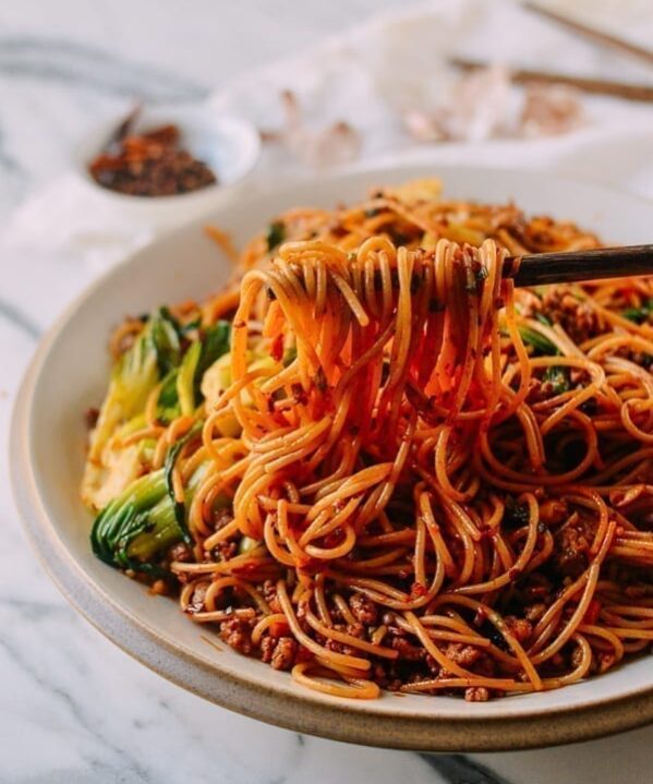 Spicy Crispy Pork Noodles, by thewoksoflife.com